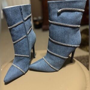Denim Pointed-Toe Stiletto Ankle Boots with Rhinestone Wrap